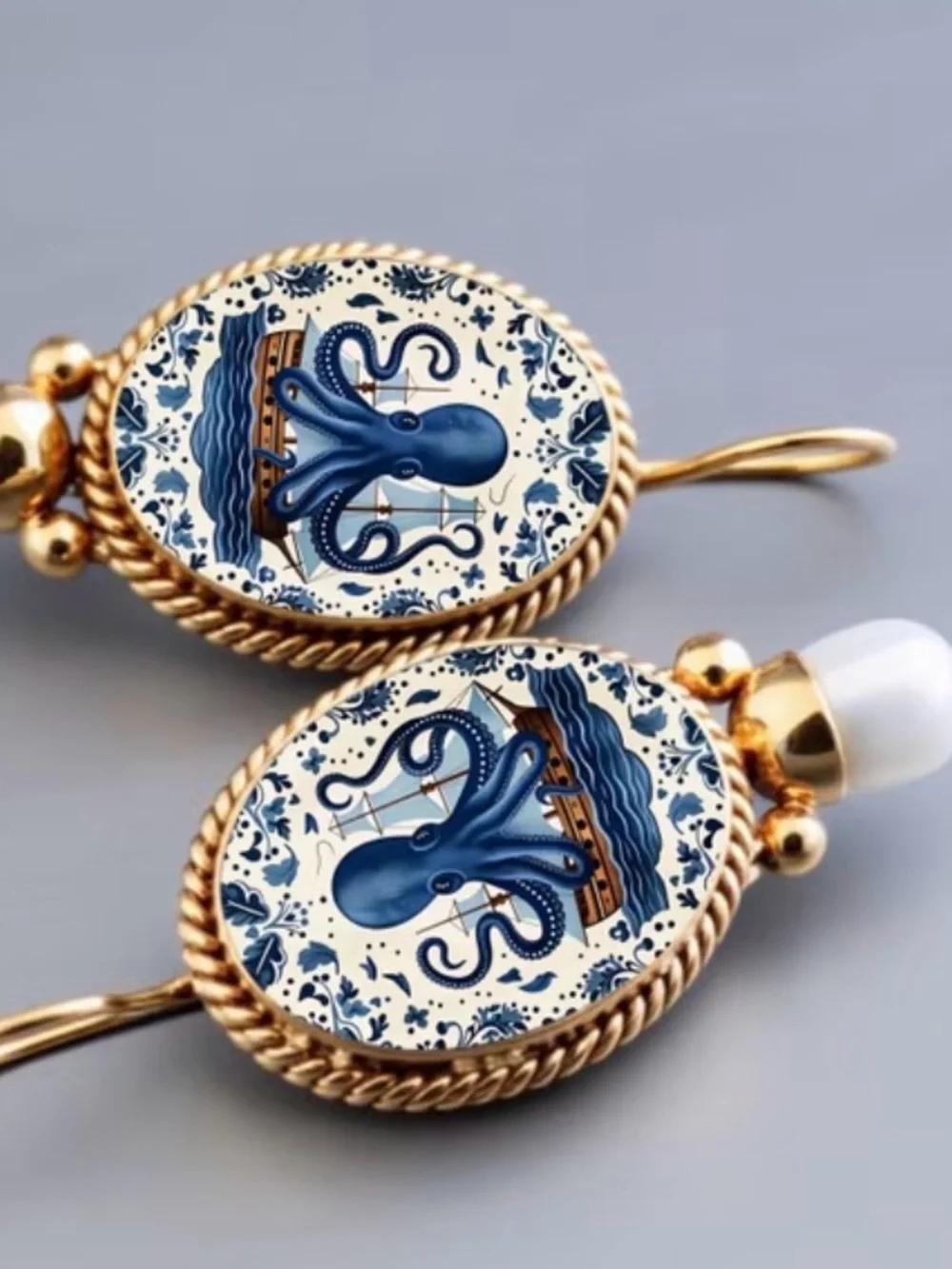 Blue Octopus Cameo Pearl Drop Earrings - Gold Tone
